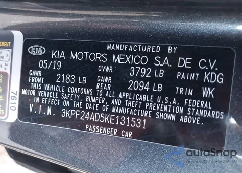 2019 Kia Forte Lxs z USA, uszkodzony, nr VIN 3KPF24AD5KE131531